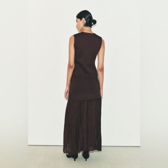 Zara Brown Pleated Maxi Skirt + Brown Vest - Picture 2 of 6
